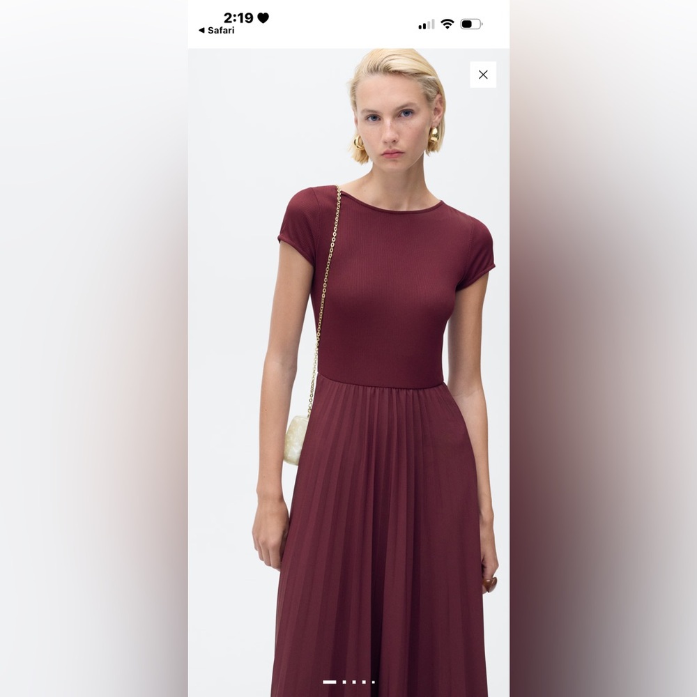 NWT MNG COMBINED PLEATED DRESS Size 8 Women's Burgundy Long Sleeve